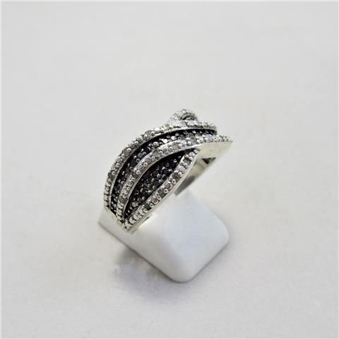 Silver Black and White Diamond Crossover Ring