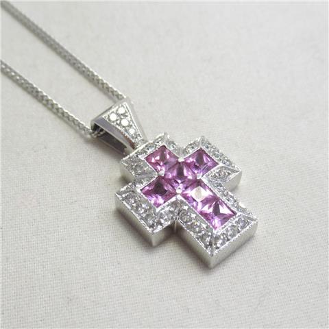 Pink Sapphire & Diamond Cross Pendant